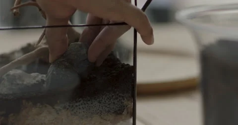 Man add grey rocks into clear glass container to shape terrarium base Stock Footage 232092466
