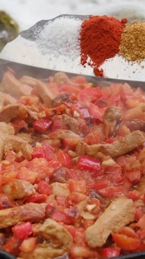 Man adding salt and spices to a steaming pan of colorful vegetables and meat Stock Footage 308705583