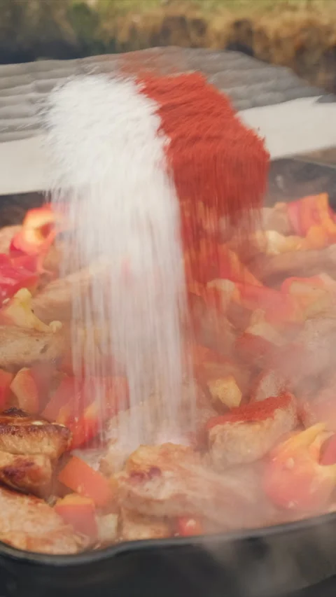 Man adding salt and spices to a steaming pan of colorful vegetables and meat Stock Footage 308718541