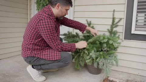 A man adds a sprig to the Christmas decorations at the entrance of his home. Stock Footage 325539272