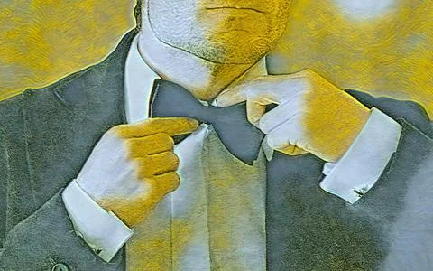 Man adjusting formal bow tie with tuxedo details and vintage textured backg.. Stock Photos