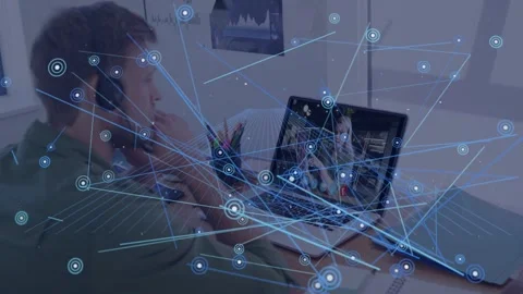 Man adjusting headset, caller appearing on laptop, animated nodes growing, Stock Footage 334322047