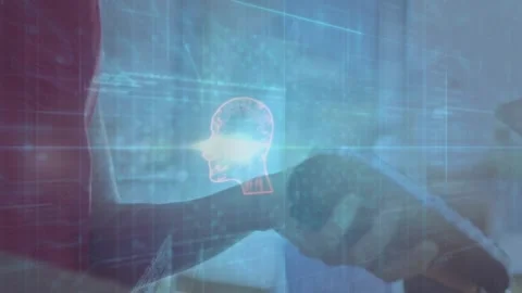 Man adjusting headset with circuit-pattern overlay and woman grabbing it while Stock Footage 326631834