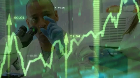 Man adjusting lab microscope after woman offering vial, both analyzing sample as Stock Footage 331286918