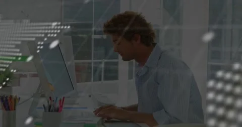 Man adjusting reaching keys starting coding for tech while dotted map and code Stock Footage 331235832