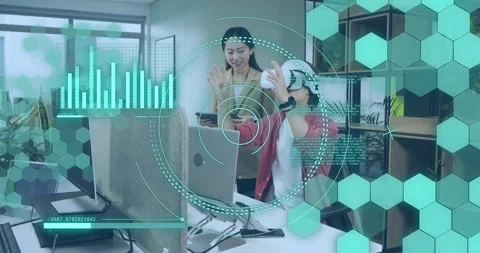 Man adjusting VR headset activating AR simulation test while colleague updating Stock Footage 315509376