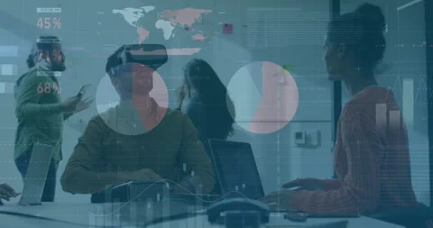 Man adjusting VR headset and swiping data analytics while team collaborating on Stock Footage 310298815