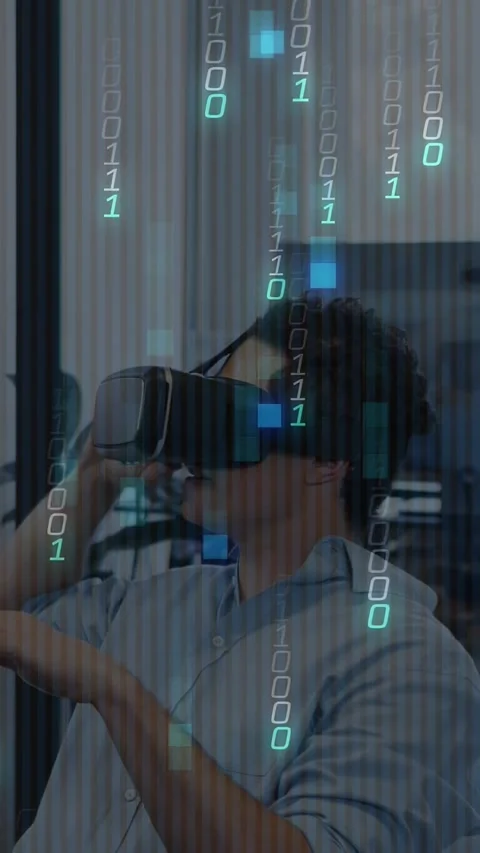 Man adjusting VR headset, using virtual UI in lab, testing with falling binary Video stock 330260314