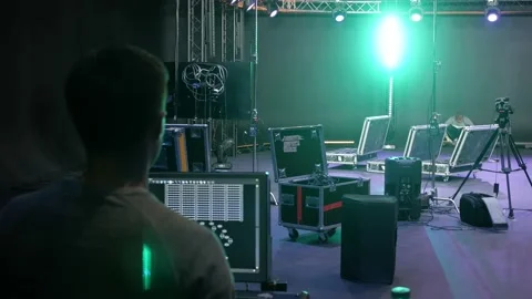 A man adjusts the lights on the set Stock-Footage 153108703