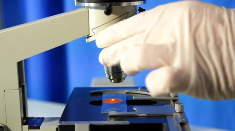 Man adjusts a microscope Stock Footage 53454568