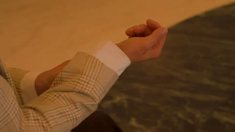A man adjusts the sleeve of his jacket while sitting in an armchair Stock Footage 348011059