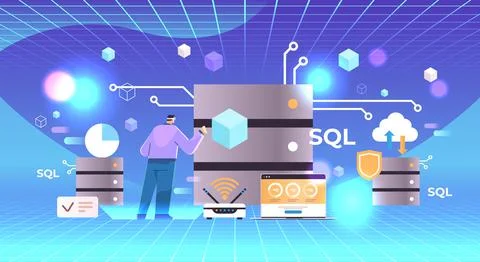 Man admin in virtual reality glasses working with dataserver SQL structured Illustration