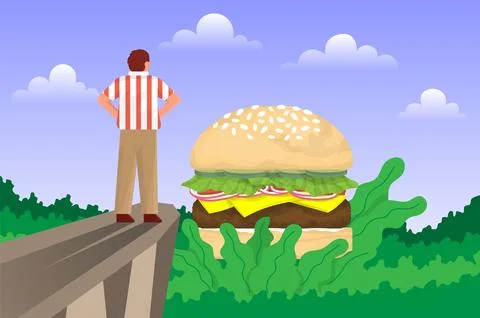Man admiring hamburger burger. Vector flat illustration Stock-Illustration