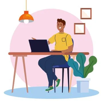 Man afro using laptop computer in desk, working online Stock Illustration