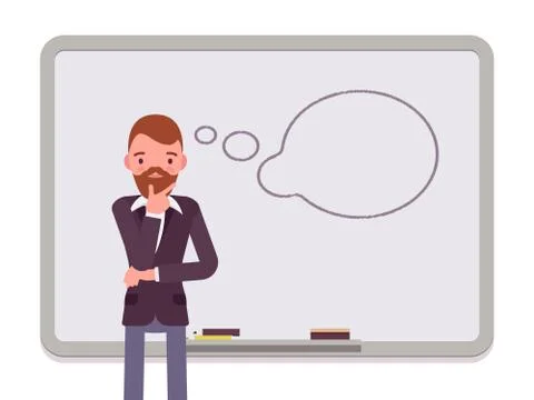 Man against the whiteboard with drawn dialogue cloud Stock Illustration