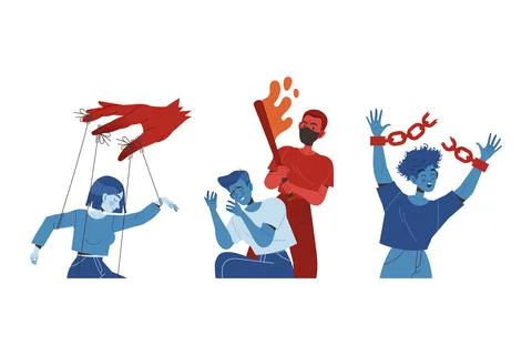 Man Aggressor Beating Victim with Bat and Pulling Strings Manipulating Vector Stock Illustration