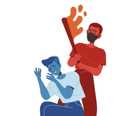 Man Aggressor in Mask with Bat Beating Victim Vector Illustration Stock Illustration