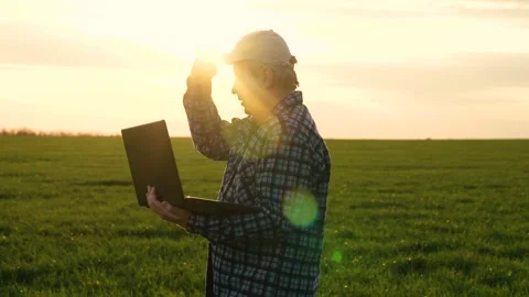 Man agricultural engineer with laptop going on green wheat plantation inspecting Stock Footage 280947038