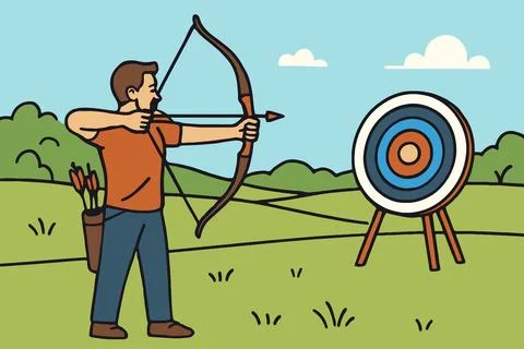 Man aiming bow and arrow at target on grassy field Stock Illustration