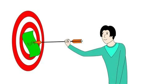 A man is aiming a dart at a red target with a green bill in the center Stock Illustration