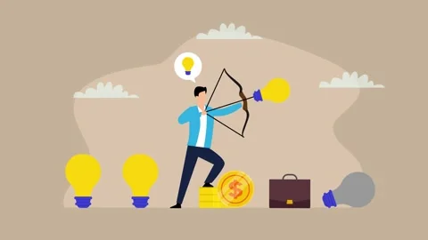 A man aims a bow at light bulbs while standing on stacks of coins in a crea.. Stock Footage 302533761
