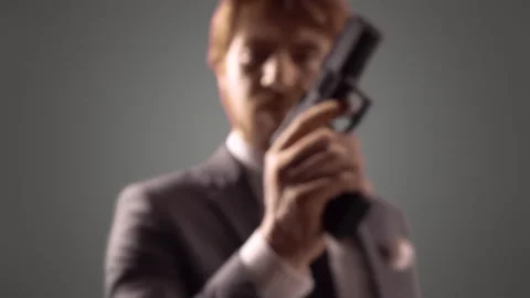 Man Aims Gun at Camera, Attack Weapon Close Up Barrel POV, Pistol Handgun Aim Stock Footage 158324384
