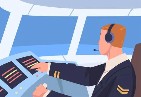 Man Aircraft Pilot or Aviator Sitting Inside Airplane Cabin at Control Panel Stock Illustration