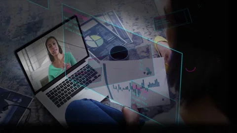 Man aligning charts with laptop presenter speaking, comparing business data and Stock Footage 332504997