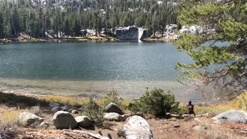 Man alone at alpine lake shore Stock Footage 169010448