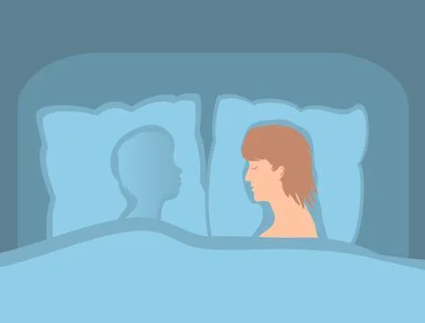The man is alone in bed separation from darling. Stock Illustration