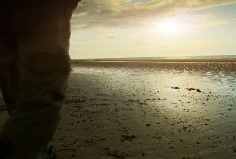 Man alone, walking along the beach at sunset. High quality HD video footage Stock Footage 32960785
