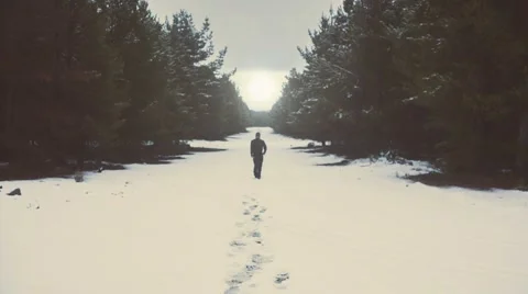 Man alone walking away to the sun on snow in beautiful winter nature landscape Stock Footage 65276427
