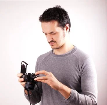 Man with analogic camera Stock Photos