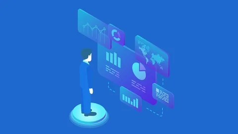 Man Analyse Data Market in Virtual space isometric Fintech video concept Видео 96236249