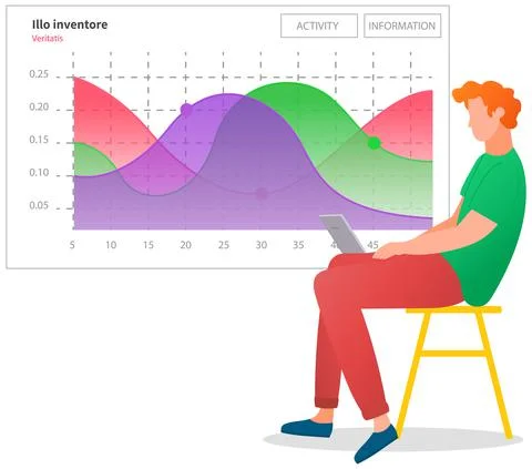 Man analyses digital report with data. Statistical indicators and graphic Illustrazione stock