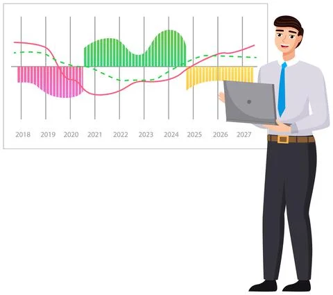 Man analyses digital report with data. Statistical indicators and graphic Illustrazione stock