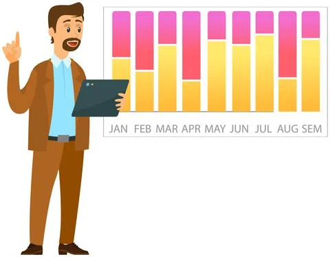 Man analyses digital report with data. Statistical indicators and graphic Stock Illustration