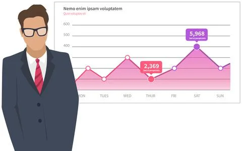 Man analyses digital report with data. Statistical indicators and graphic Illustrazione stock