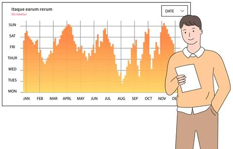 Man analyses digital report with data. Statistical indicators and graphic Illustrazione stock