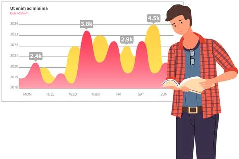 Man analyses digital report with data. Statistical indicators and graphic Illustrazione stock