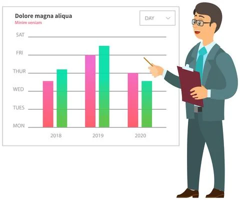 Man analyses digital report with data. Statistical indicators and graphic Stock Illustration