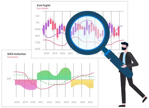 Man analyses digital report with data. Statistical indicators and graphic 스톡 일러스트