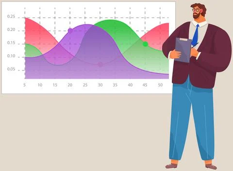 Man analyses digital report with data. Statistical indicators and graphic Stock Illustration