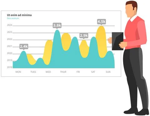Man analyses digital report with data. Statistical indicators and graphic Illustrazione stock