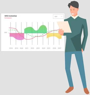 Man analyses digital report with data. Statistical indicators and graphic Illustrazione stock