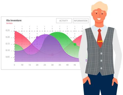 Man analyses digital report with data. Statistical indicators and graphic Illustrazione stock