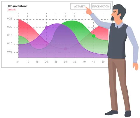 Man analyses digital report with data. Statistical indicators and graphic Illustrazione stock