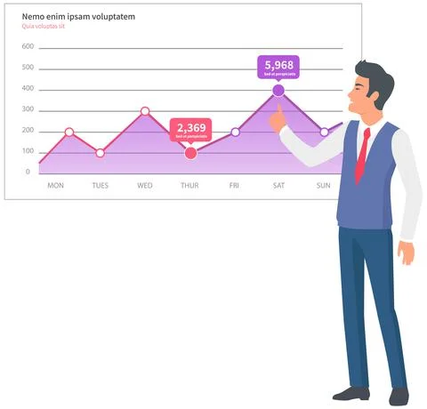 Man analyses digital report with data. Statistical indicators and graphic Illustrazione stock