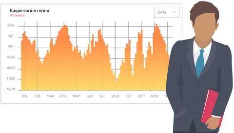 Man analyses digital report with data. Statistical indicators and graphic Illustrazione stock
