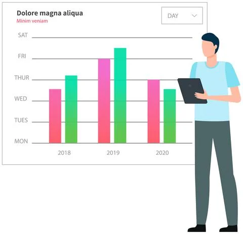 Man analyses digital report with data. Statistical indicators and graphic Illustrazione stock